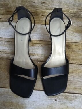Cathy Jean Black Leather Ankle-Strap Heels